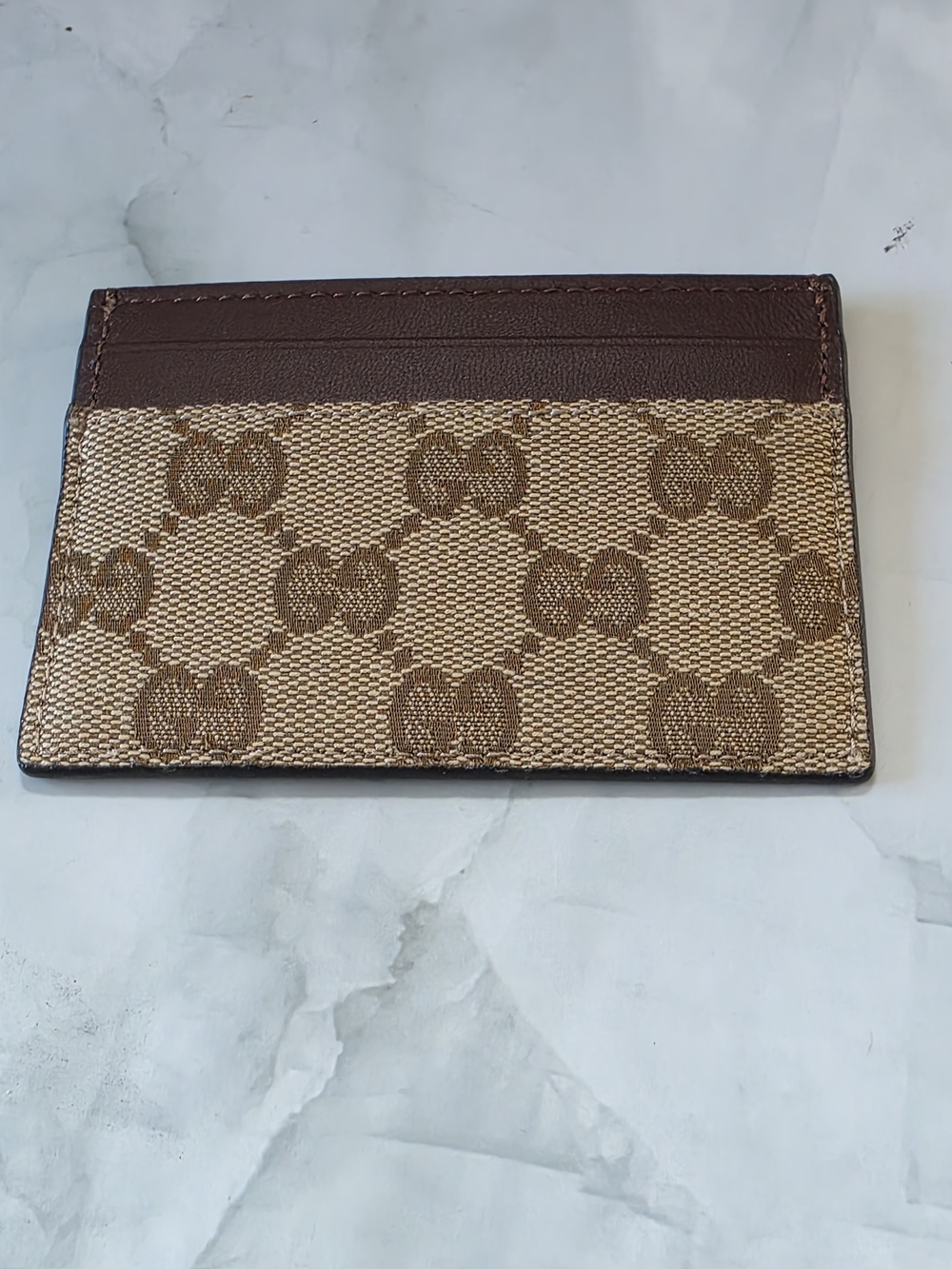 Gucci GG Canvas Card Holder Wallet Brown Leather Beige Brand New